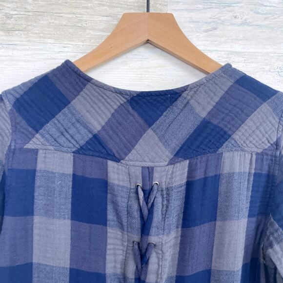 Cloth & Stone Plaid Lace Up Back Top Blue Gray Gauze Knit Cotton Blend Womens XS - Picture 4 of 6